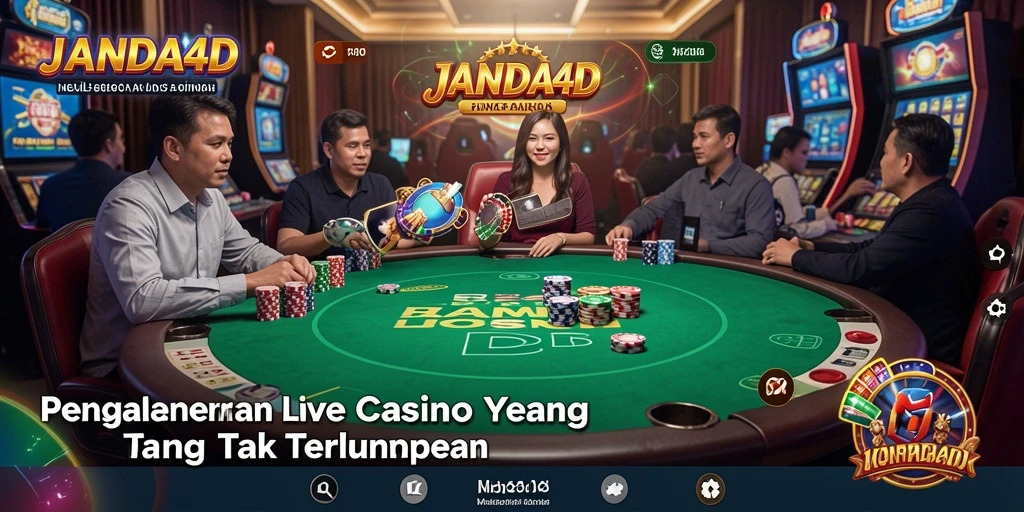 Screenshot JANDA4D menunjukkan dealer langsung dan pemain terlibat dalam gameplay kasino.