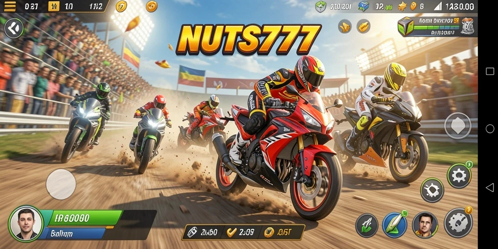 Screenshot gameplay NUTS777 dengan aksi balapan motor yang seru.