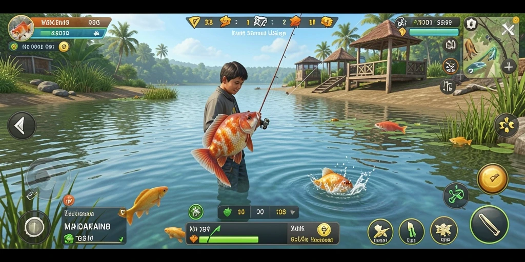 Screenshot gameplay OKIDR menunjukkan aksi seru saat memancing.