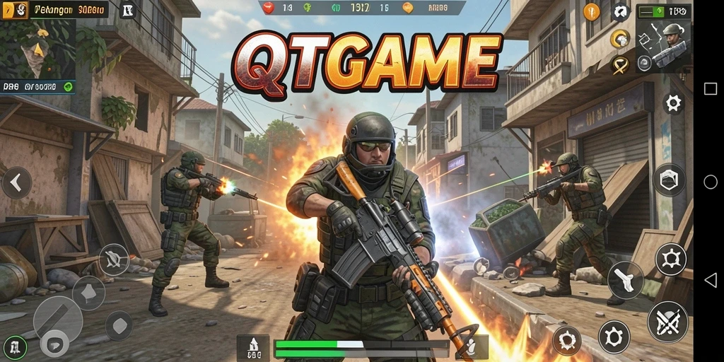 Tampilan screenshot QTGAME yang menampilkan aksi gameplay TPS yang mendebarkan.
