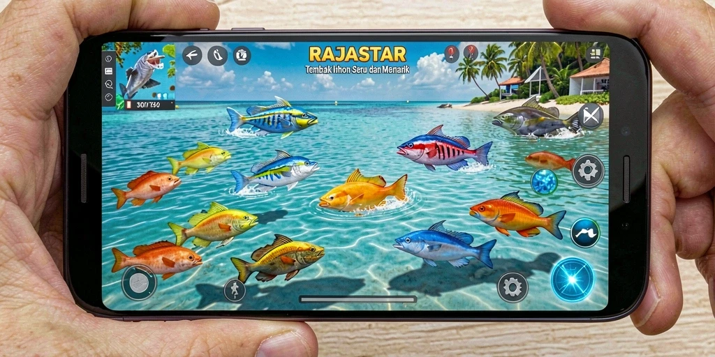 Tangkapan layar RAJASTAR menampilkan aksi tembak ikan yang mendebarkan.