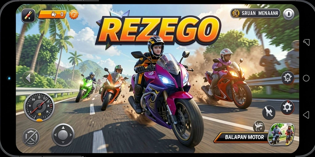 Tampilan gameplay balapan motor yang seru di REZEGO.