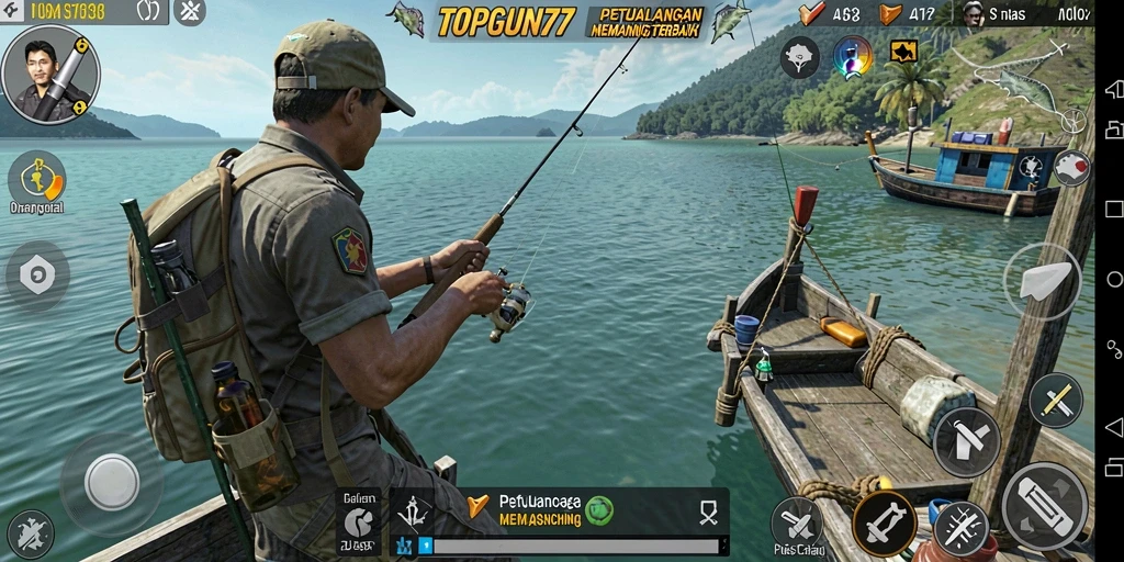 Screenshot utama TOPGUN77 menampilkan aksi memancing yang mendebarkan.